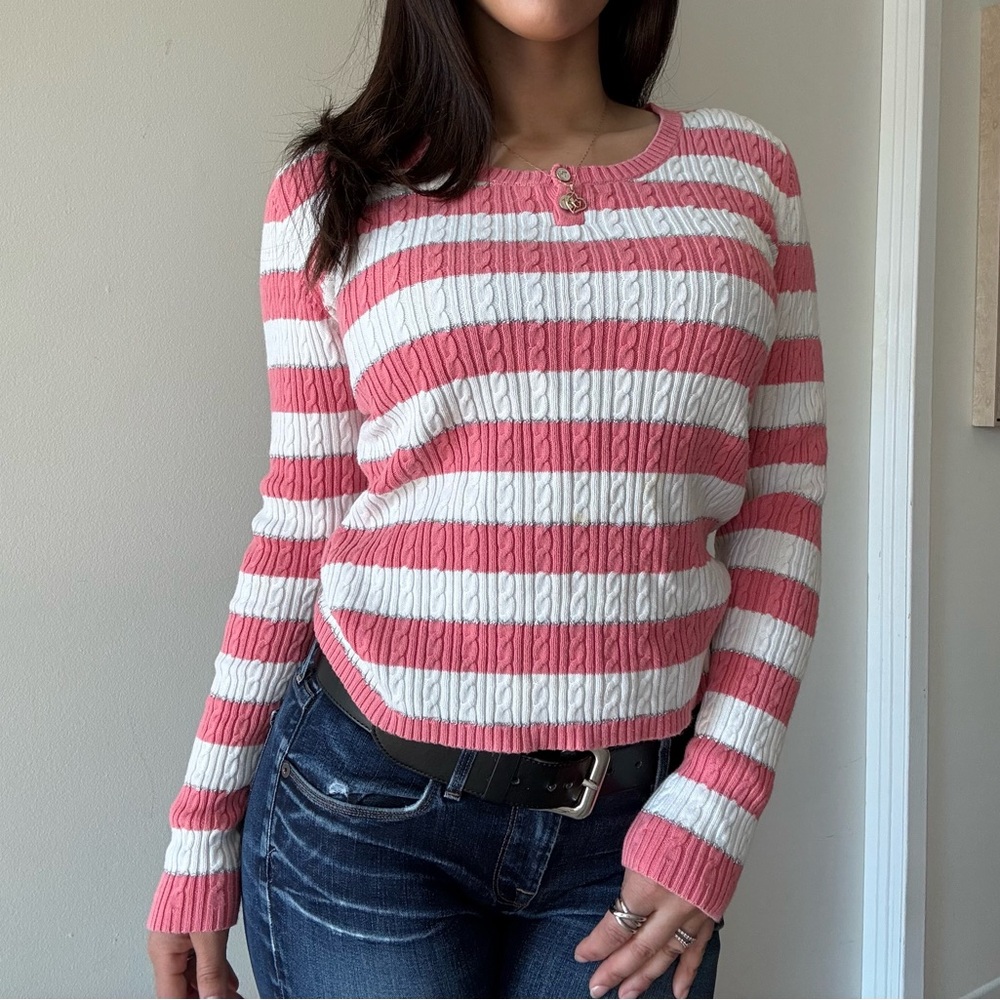 Y2K Tommy Hilfiger Pink Striped Ribbed Knit Sweater